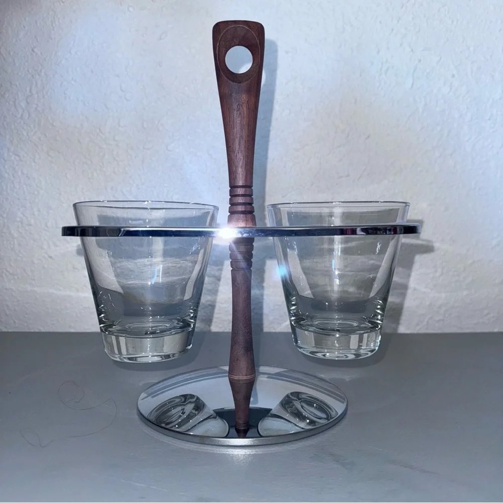 Vintage Mid-Century Chrome Walnut Condiment Caddy: Dual Glass Serving Cups